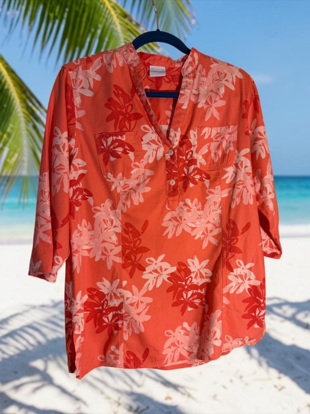 Columbia Women's Orange/Coral Tropical Henley Tunic Shirt Sz Lg
